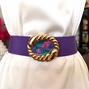 Nan Lewis Purple Stretch Belt with Gold Swirl Buckle